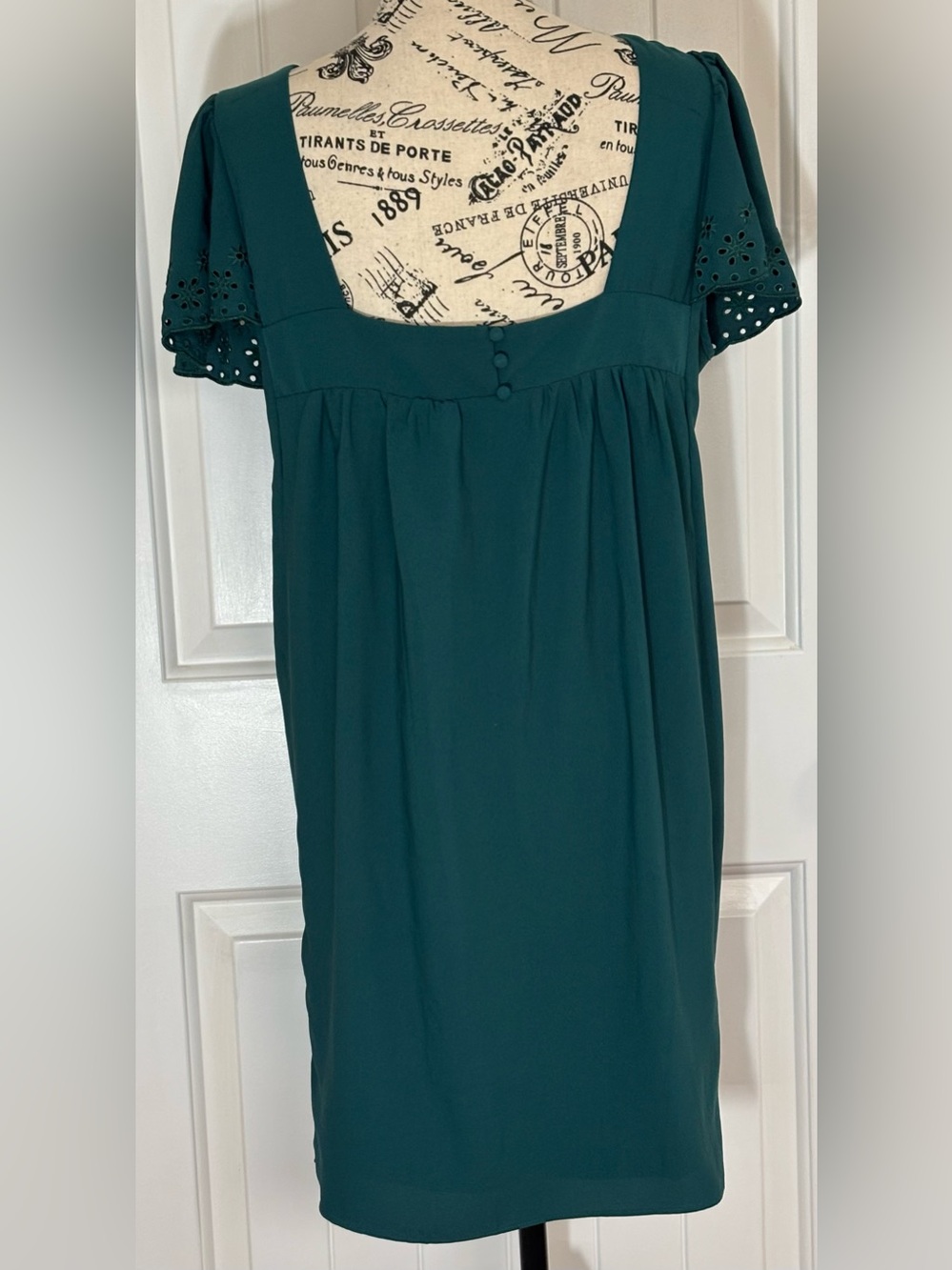 Maison Cinqcent size Med Teal Pintuck Fit & Flare Dress with Eyelet Sleeves - Picture 2 of 7